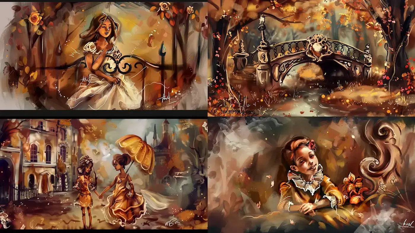 Autumnal Dreamscapes: A Whimsical Artistic Fusion of Impressionist Elegance and Vibrant Storybook Hues - Midjourney sref style