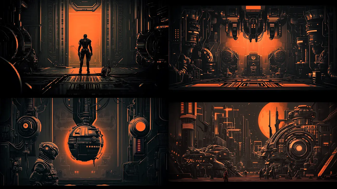 Futuristic Dystopian Sunset: A Homage to the Neon-Lit Science Fiction Universe - Midjourney sref style