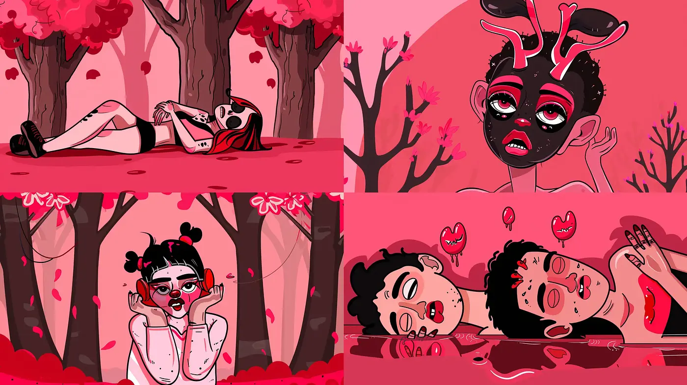 Monochromatic Crimson Dreamscape with Surrealist Overtones - Midjourney sref style