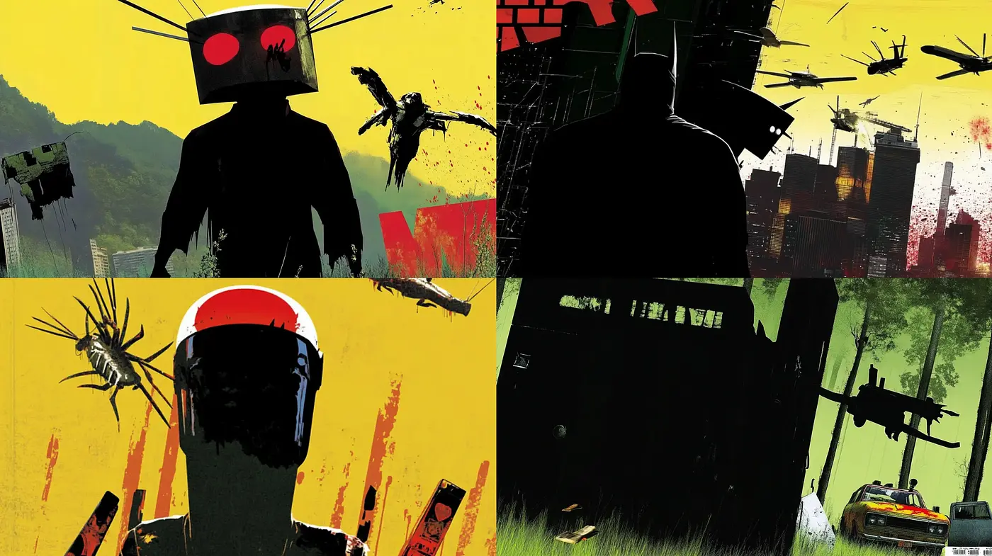 Gritty Contrast and Silhouetted Forms in a Futuristic Dystopia - Midjourney sref style