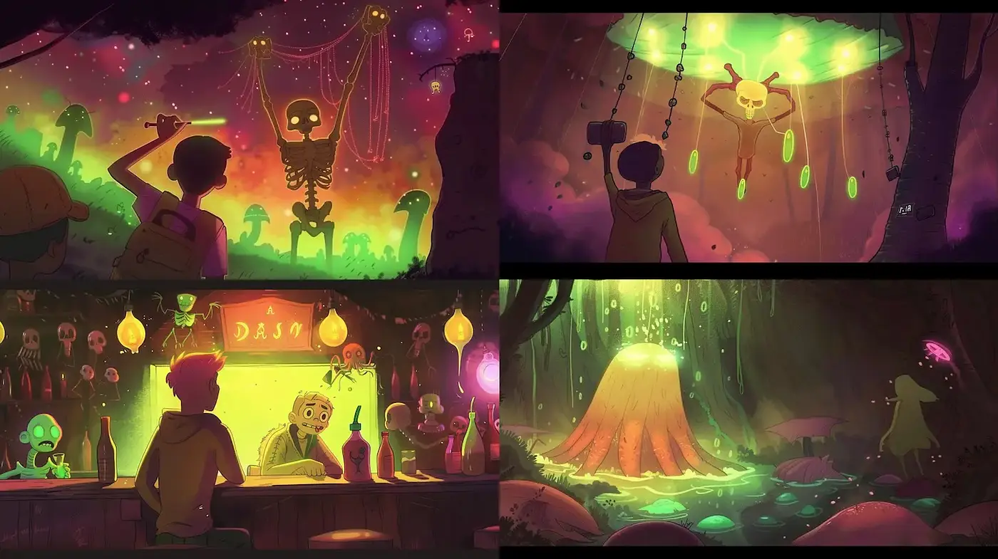 Whimsical and Surreal Neon Fantasy Illustrations - Midjourney sref style