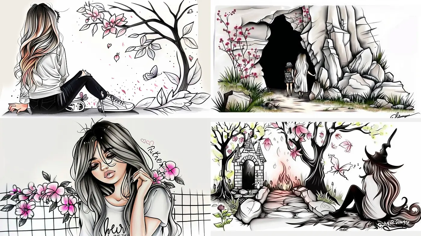 Whimsical Ink Sketches with Splashes of Pink and Grey Hues - Midjourney sref style