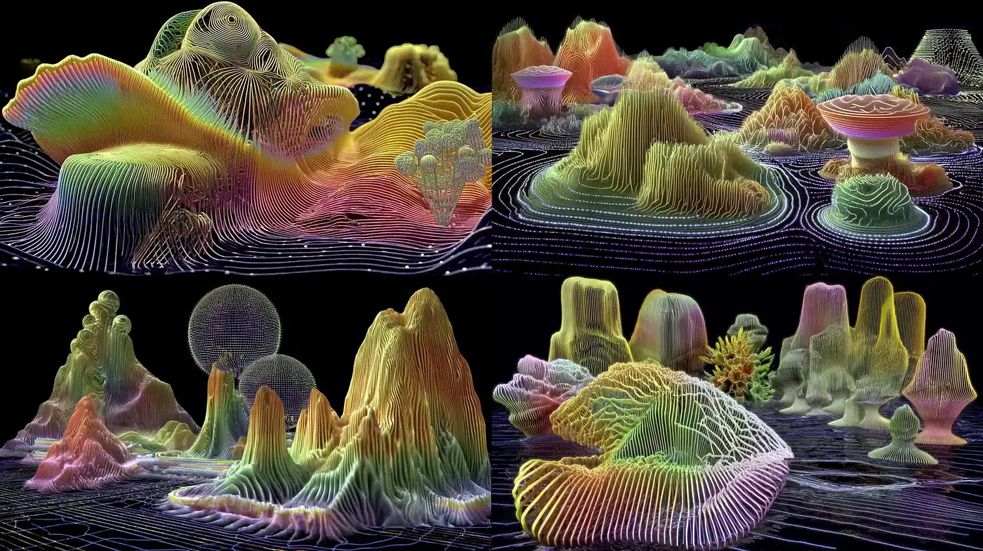 Vibrant, ethereal landscapes with intricate line work and a surreal quality - Midjourney sref style