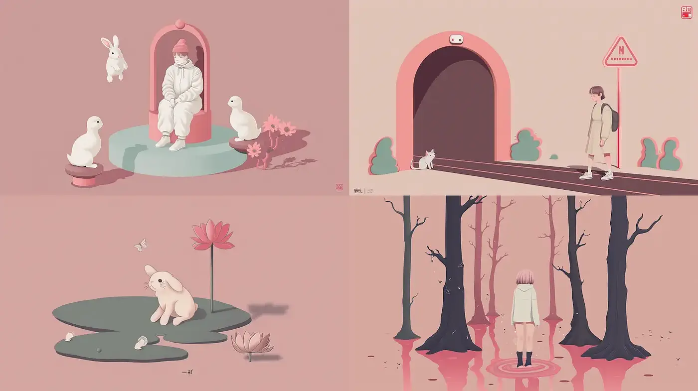 Soft pastel dreamscape with whimsical elements and serene compositions - Midjourney sref style