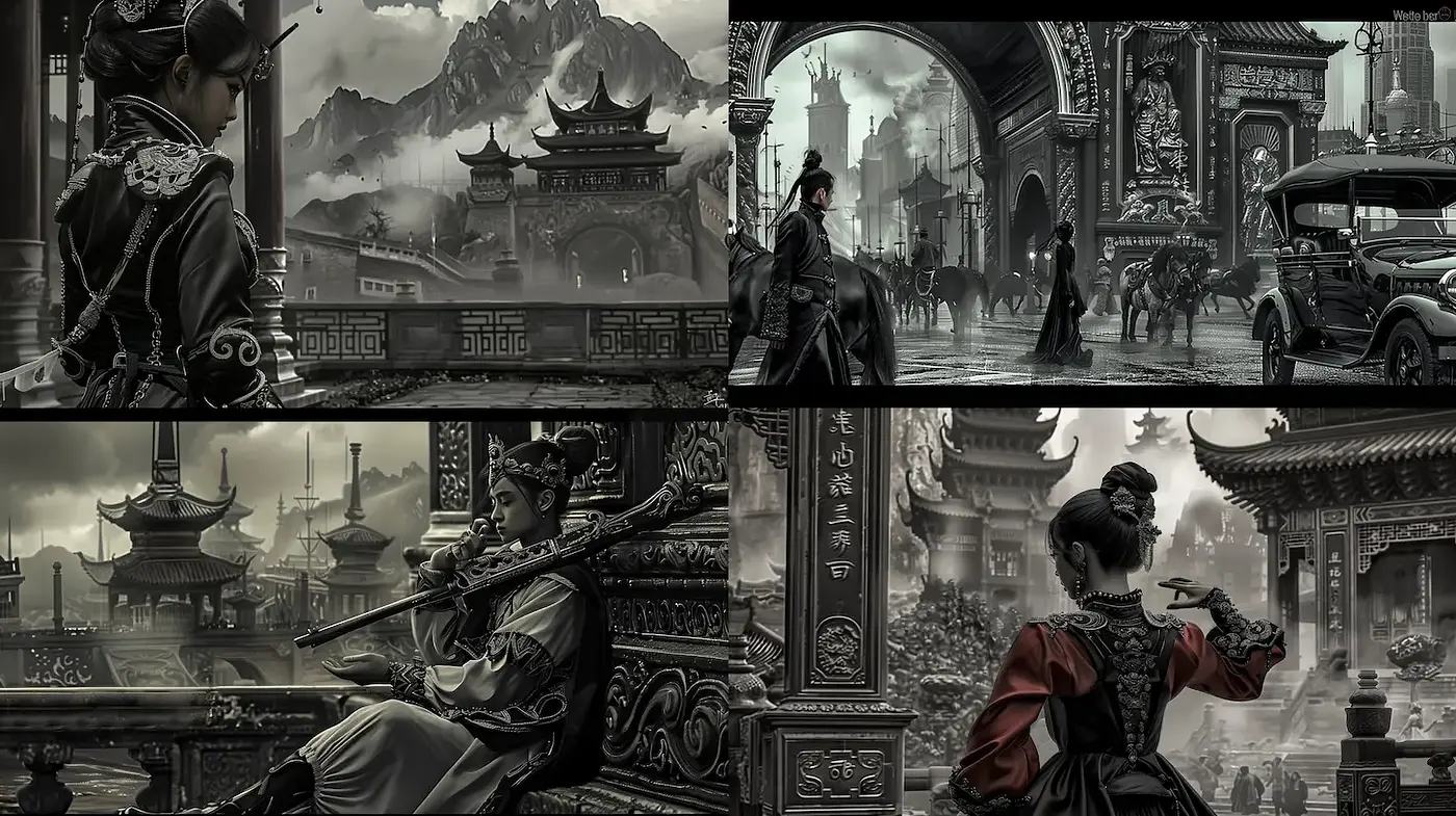 Mystical Eastern Elegance in Monochromatic Landscapes - Midjourney sref style