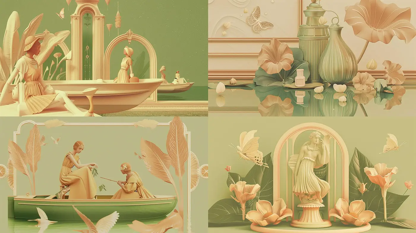 Neoclassical Pastoral Elegance with a Contemporary Pastel Palette - Midjourney sref style