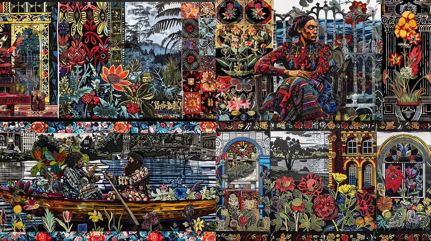 Stylized Floral Tapestry in a Rich Palette of Stained Glass - Midjourney sref style