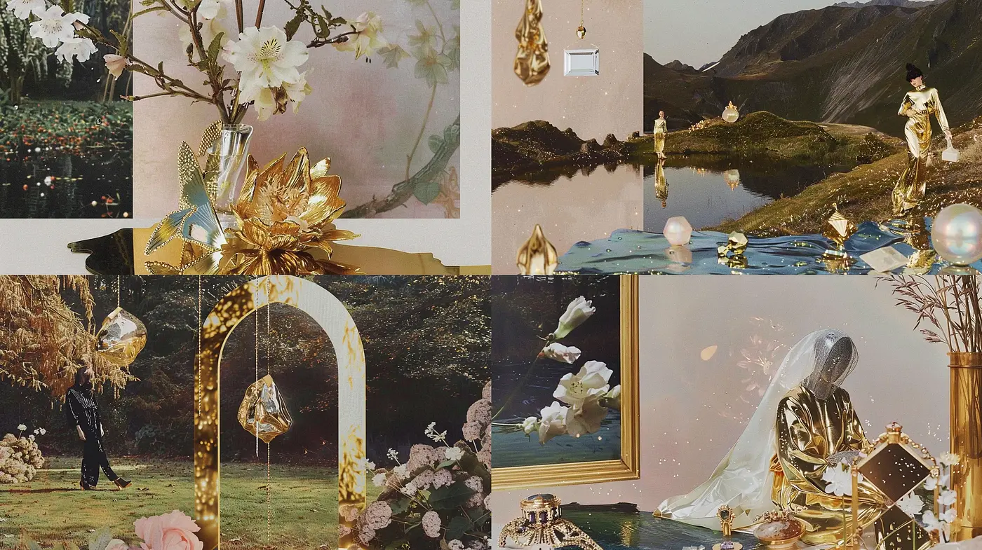 Surrealistic Golden Hues and Dreamlike Imagery in Contemporary Visuals - Midjourney sref style
