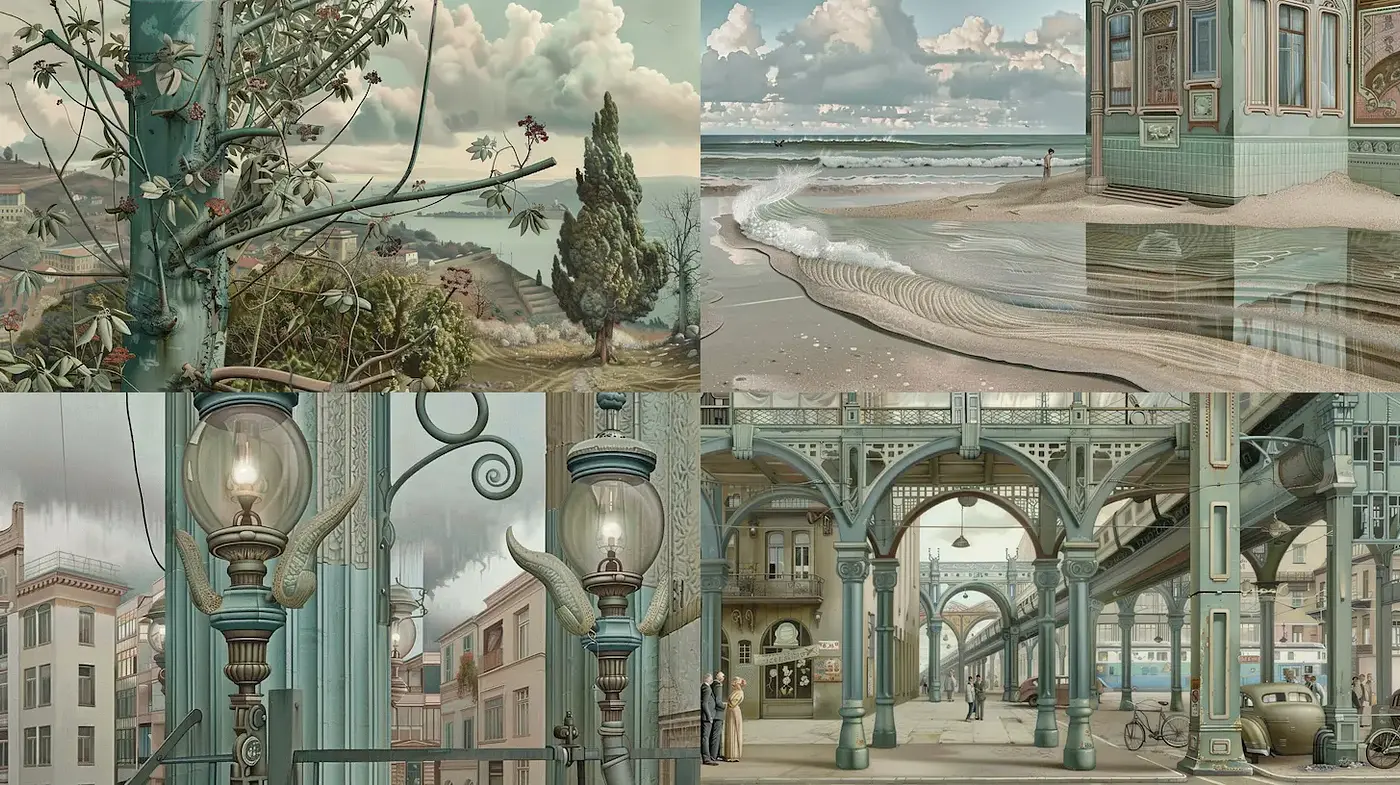 Intricate Surreal Landscapes with Historical Architecture and Soft Textures - Midjourney sref style