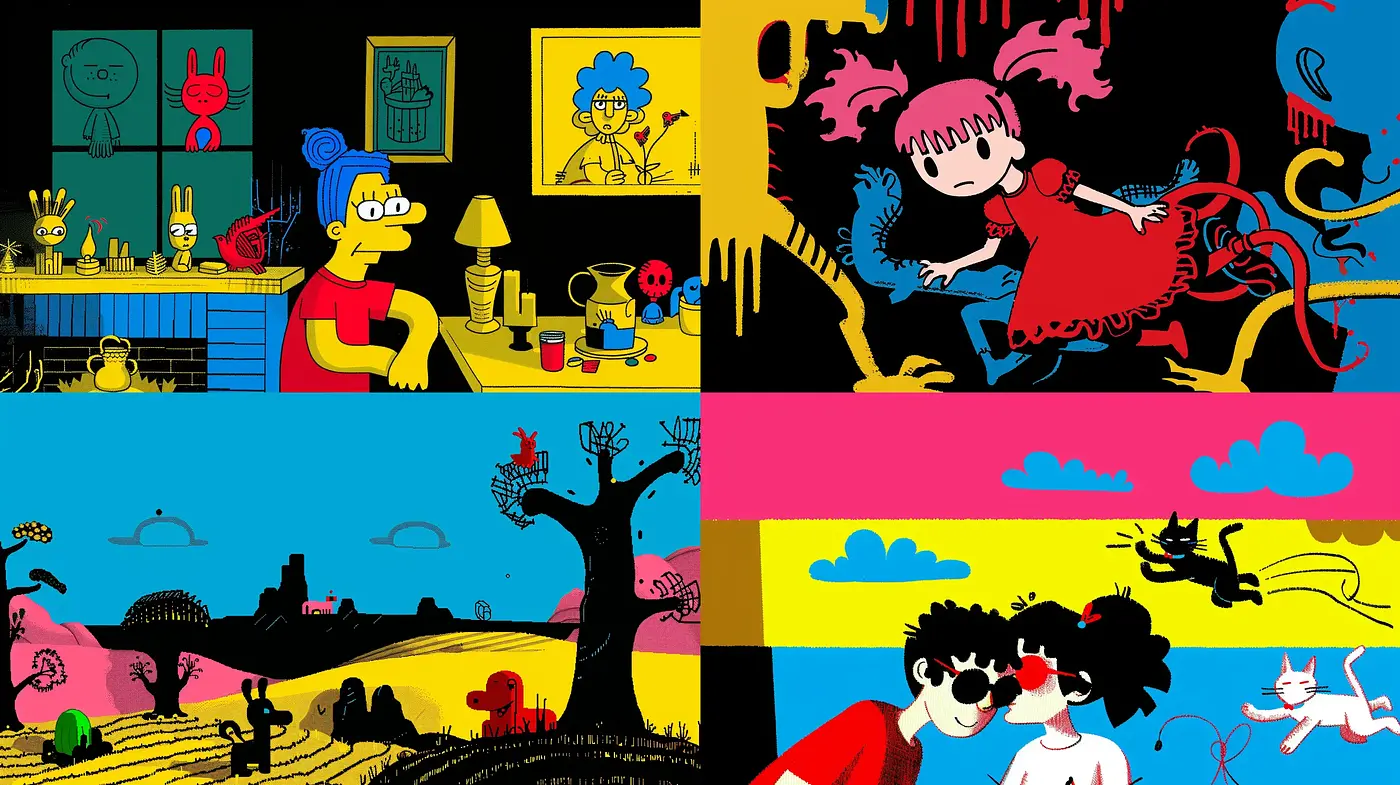 Vibrant Contrast in Stylized Cartoon Feast - Midjourney sref style