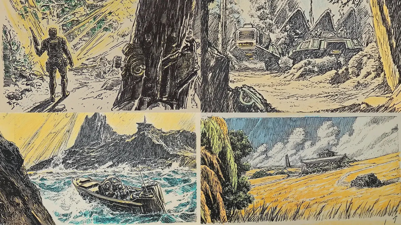 Intrepid Adventure in Stylized Ink: A Harmonious Meld of Vintage Illustration and Graphic Novel Sensibilities - Midjourney sref style