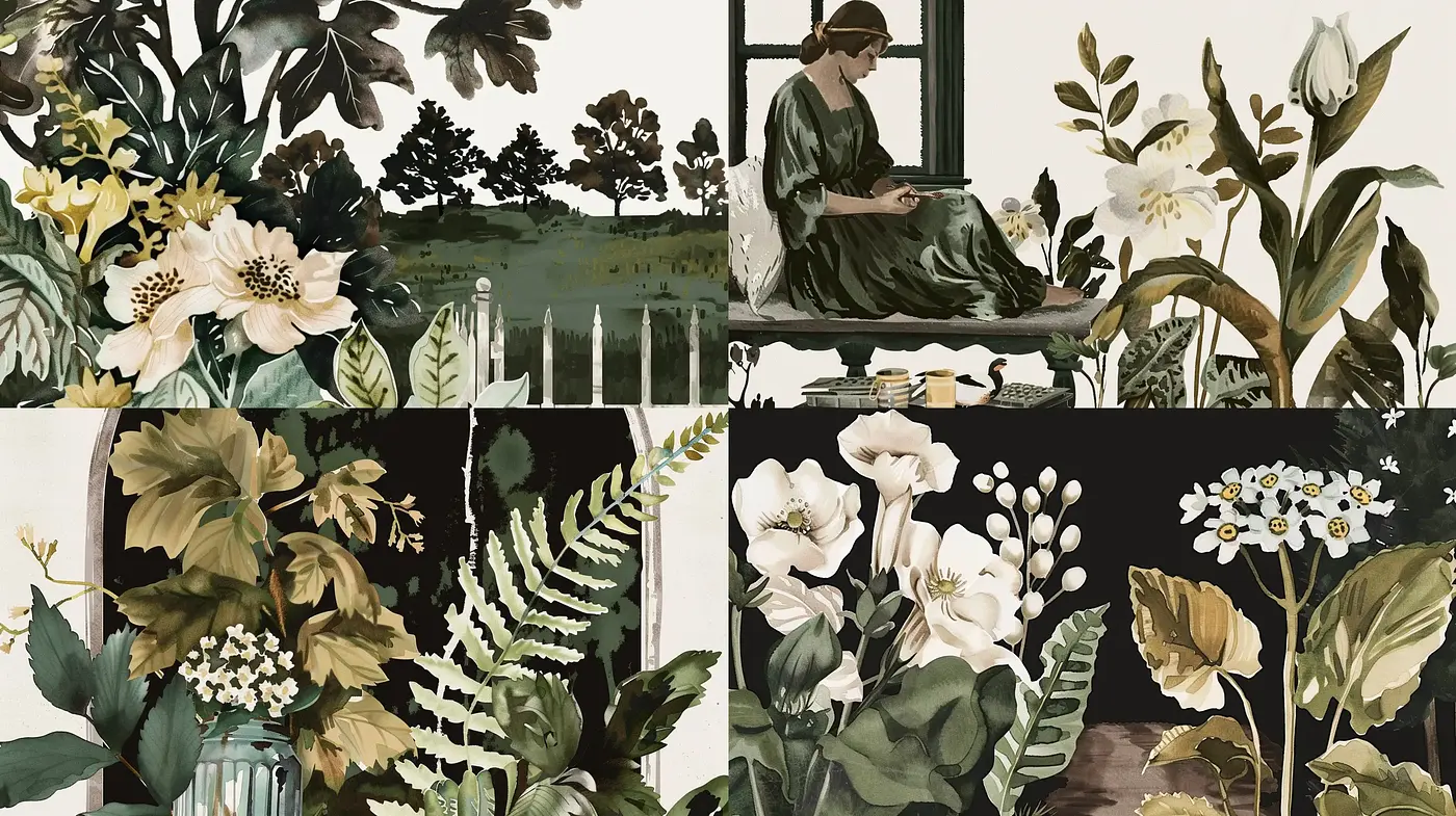 Tranquil Botanical Illustrations with a Classic Touch - Midjourney sref style