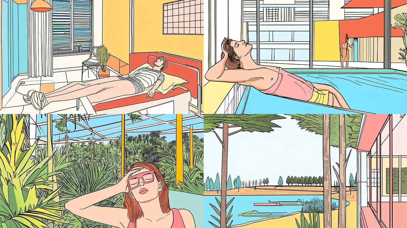 Sun-Kissed Retro Leisure: A Lively Blend of Mid-Century Modern Aesthetics with a Contemporary Comic Flair - Midjourney sref style