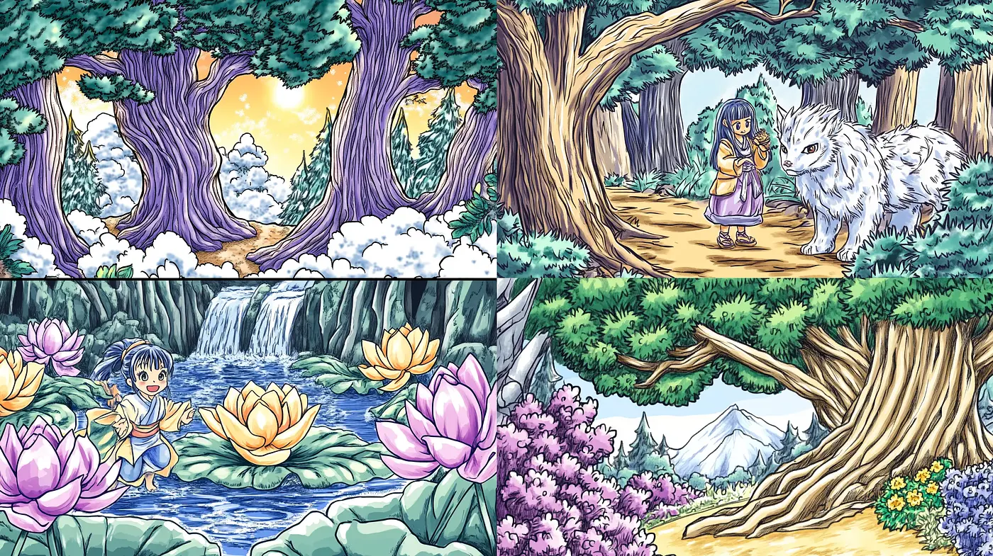 Enchanted Storybook Sceneries with a Harmonious Anime Essence - Midjourney sref style