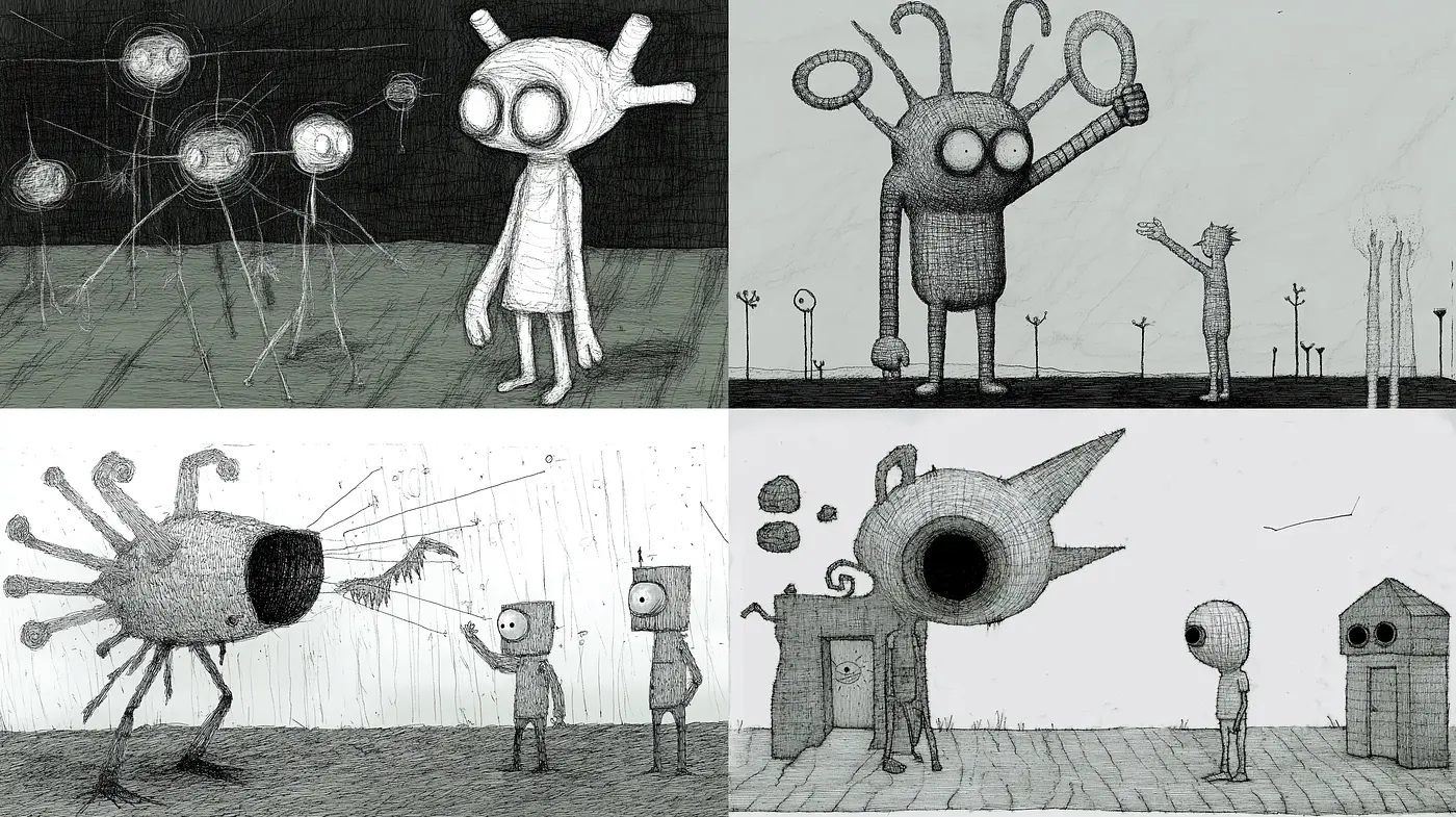Monochrome Surreal Sketchbook Visions - Midjourney sref style