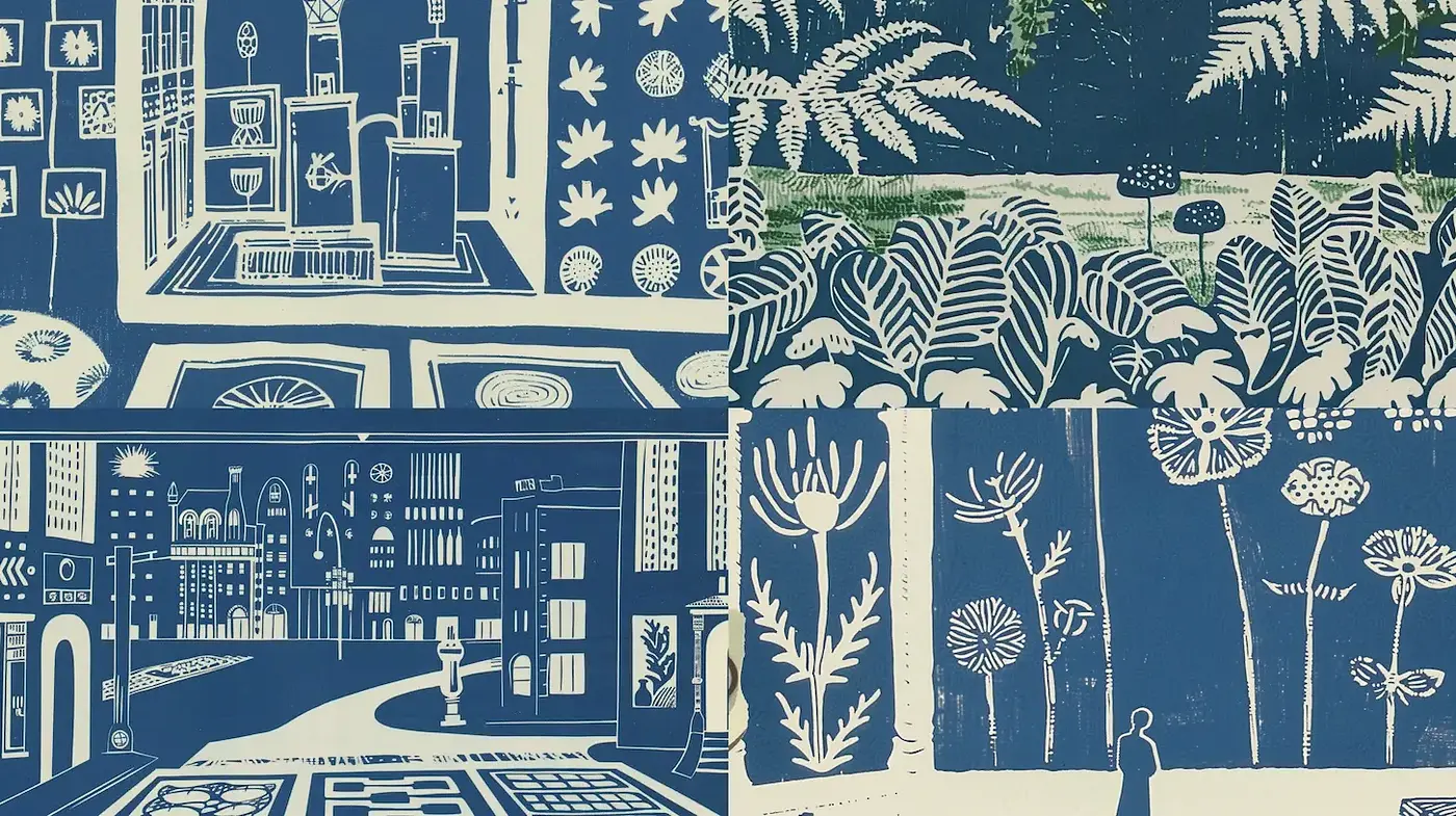 Whimsical and Serene Botanical Illustrations with Architectural Elements - Midjourney sref style