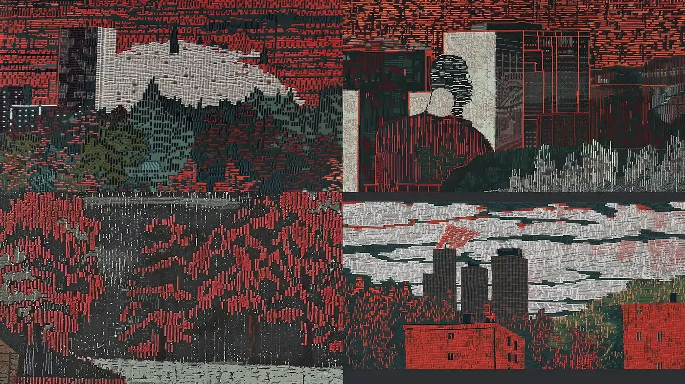 Dynamic and textured interpretations of urban landscapes with earthy tones - Midjourney sref style