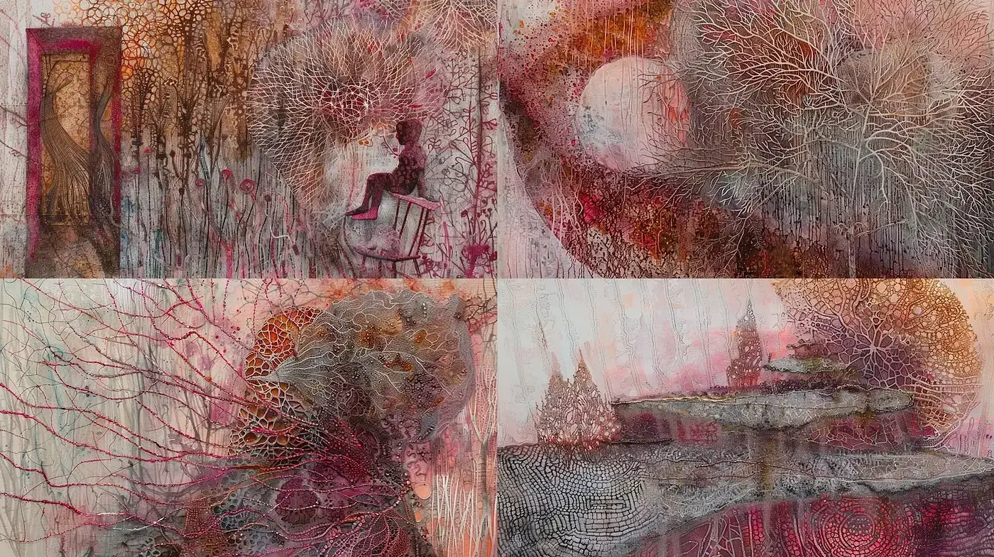 Intricate, organic landscapes with surreal elements and a dreamlike quality - Midjourney sref style