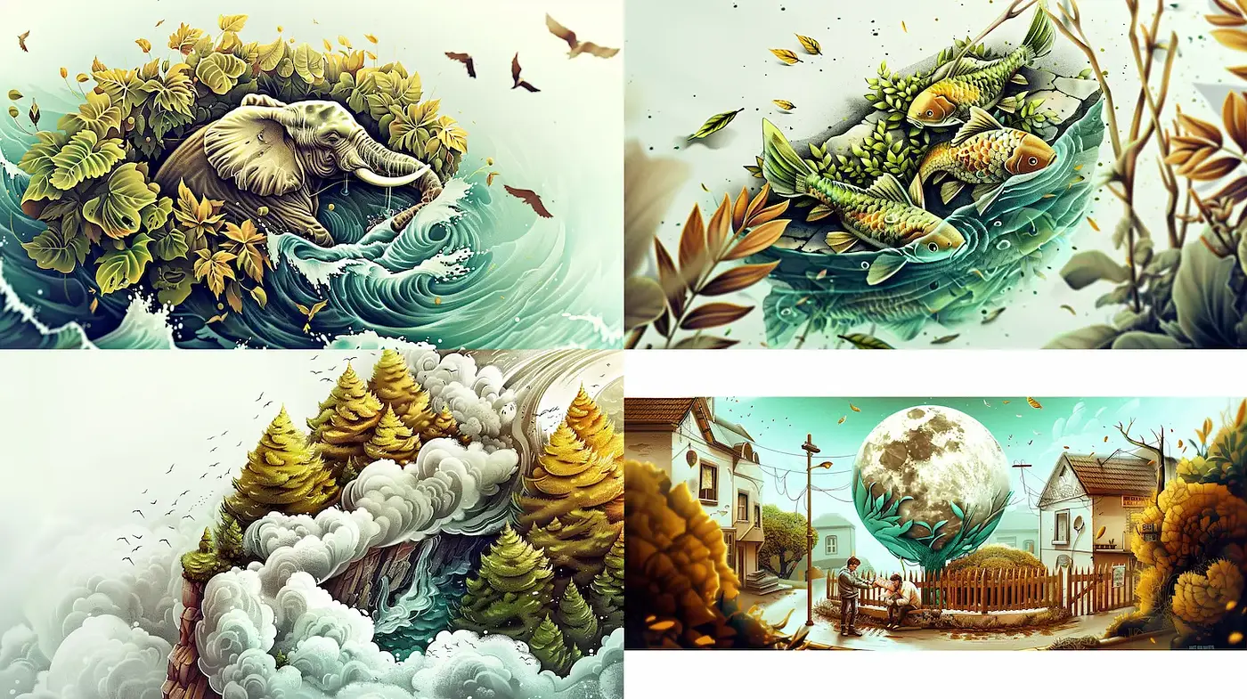 Whimsical and Nature-Infused Illustrations with Harmonious Elements - Midjourney sref style