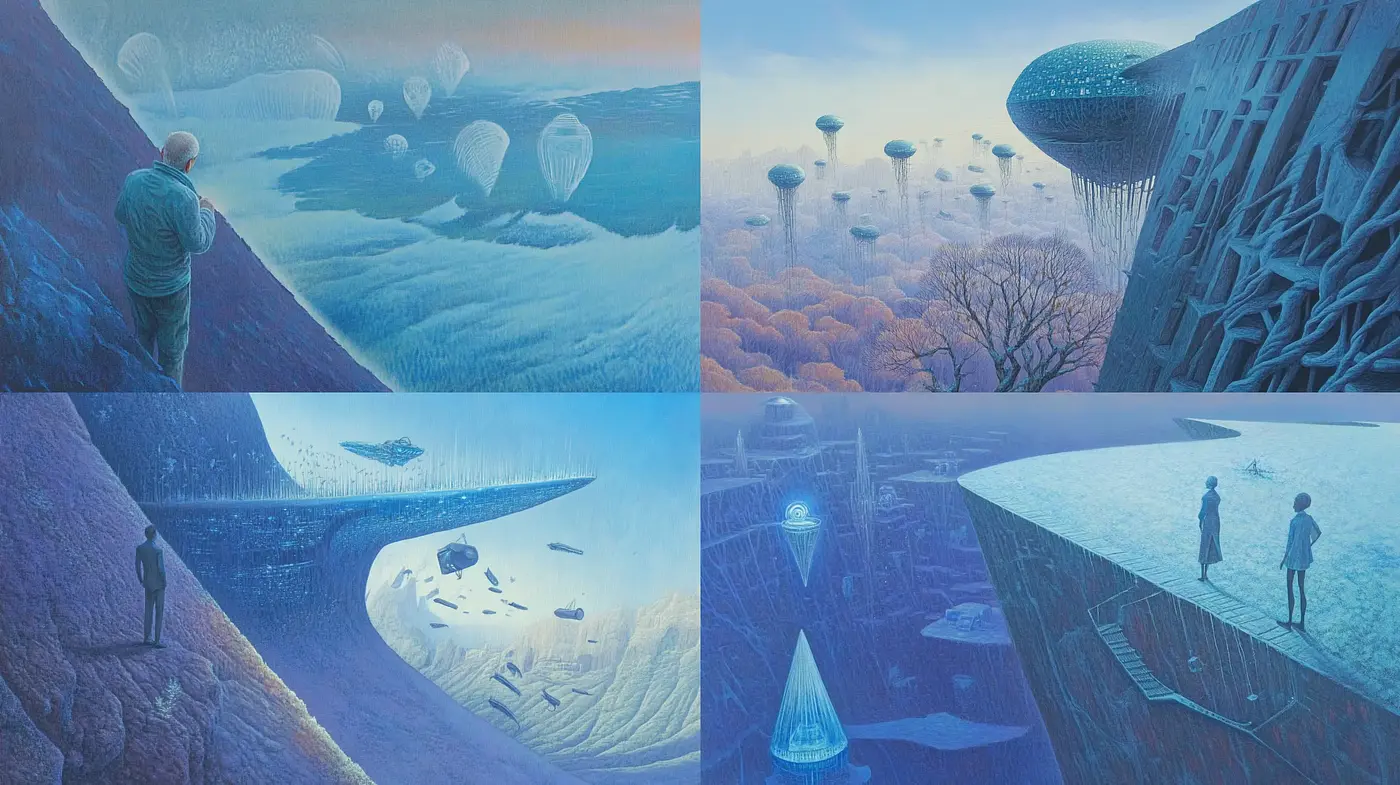 Surreal Dreamscape Fusion with a Chilled Ethereal Palette - Midjourney sref style