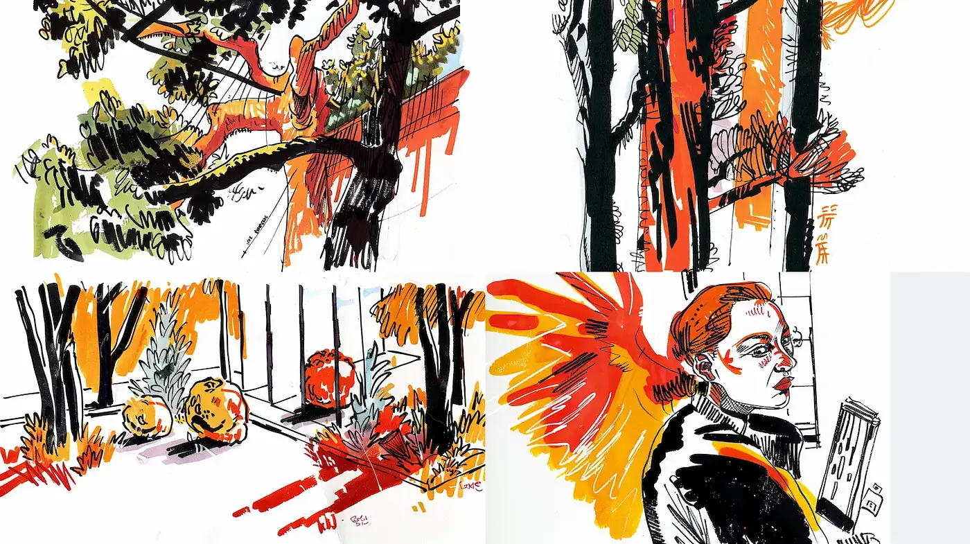 Dynamic and Expressive Ink Illustrations with a Bold Color Palette - Midjourney sref style