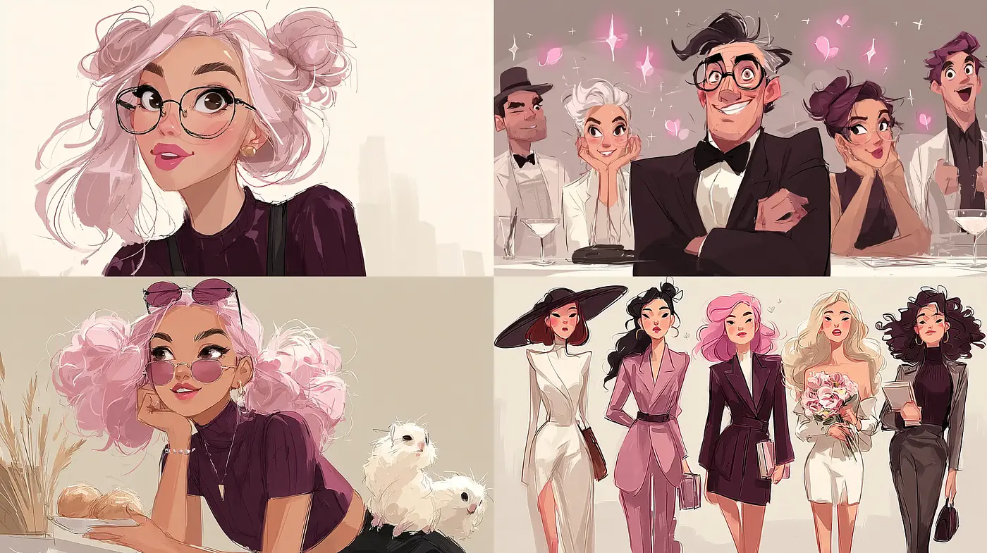 Stylized, contemporary illustration with a playful yet elegant aesthetic - Midjourney sref style