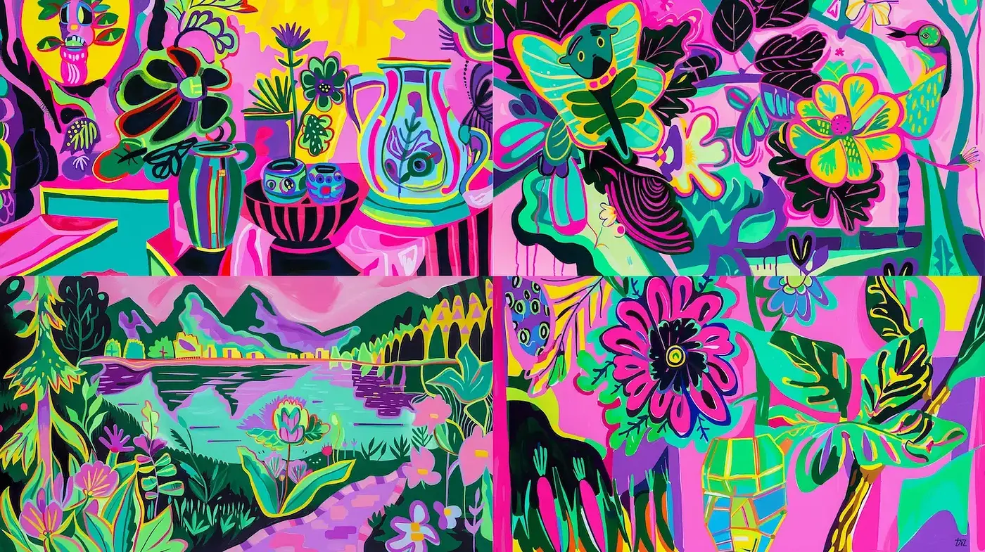 Vibrant and Dynamic Floral Expressionism with a Whimsical Touch - Midjourney sref style