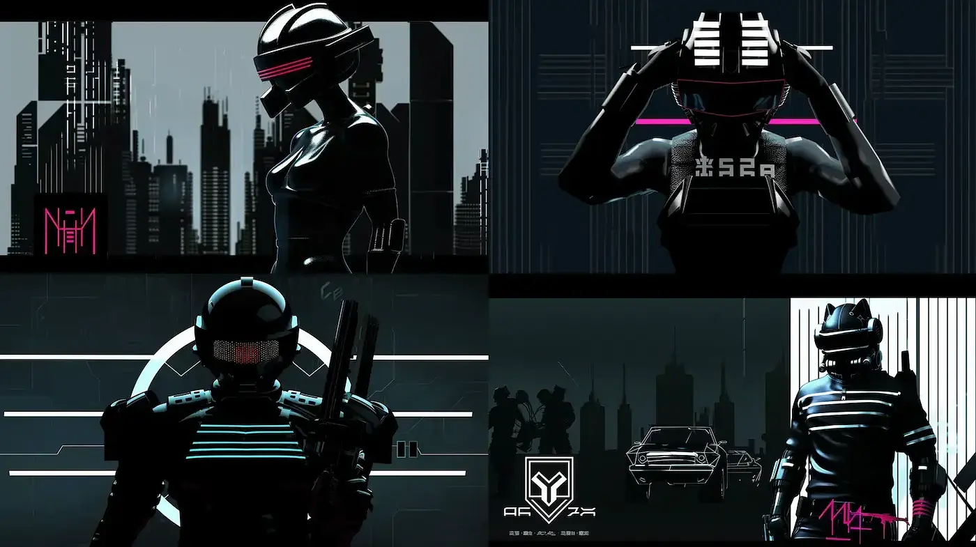 Cybernetic Synthesis: A Fusion of Neon Cyberpunk and Geometric Noir - Midjourney sref style