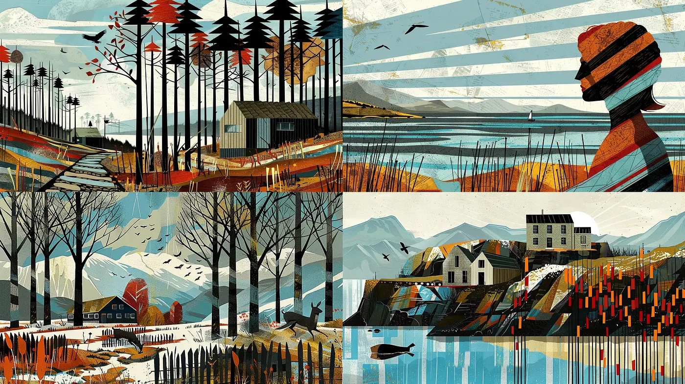 Stylized Geometric Natural Landscapes with Vintage Flair - Midjourney sref style
