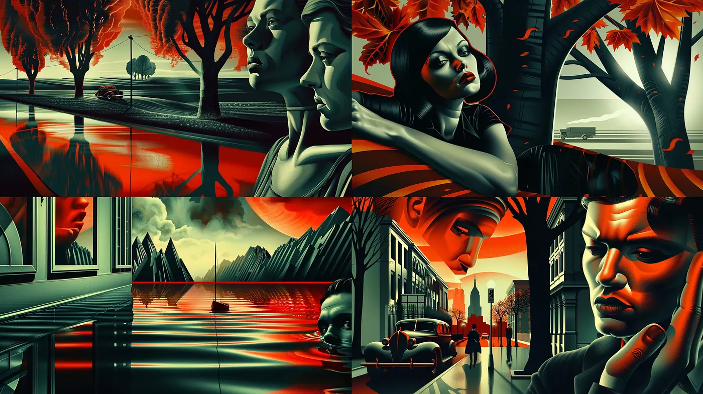 Crimson Noir Dreamscape: A Fusion of Surrealist Pulse and Graphic Novel Contours - Midjourney sref style