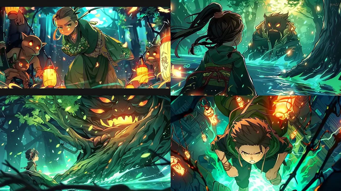Emerald Twilight: A Fusion of Anime and Lush Fantasy Artwork - Midjourney sref style