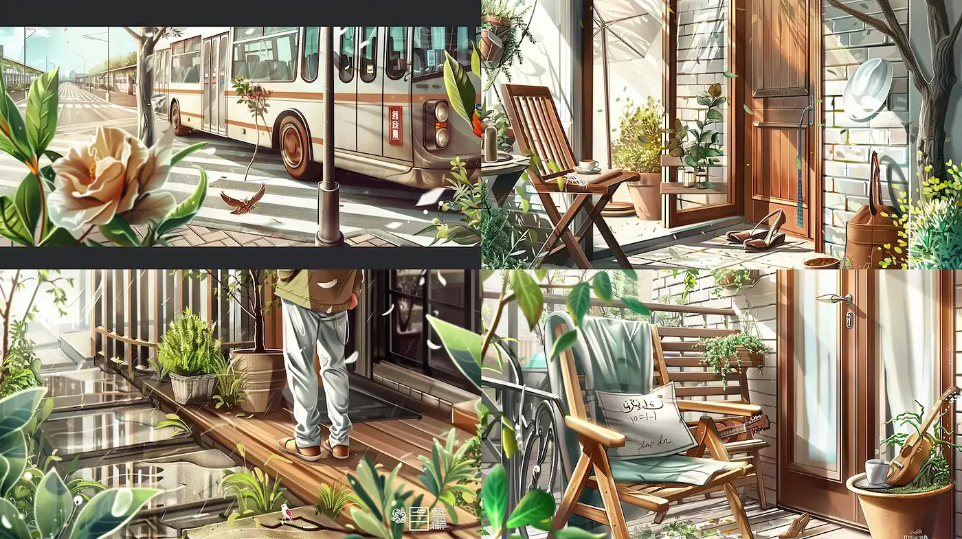 A serene and inviting scene inspired by contemporary realism with nature's touch - Midjourney sref style