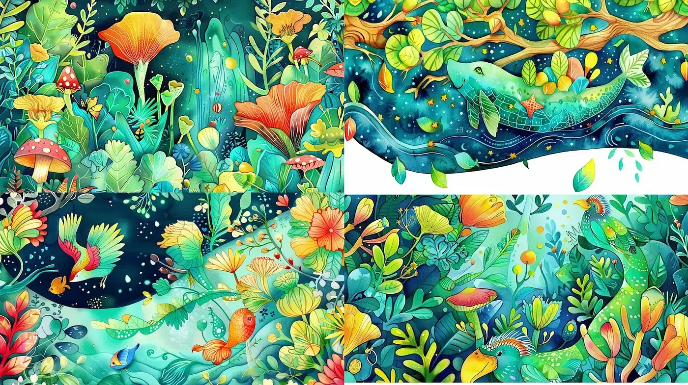 Vibrant and whimsical botanical illustration with aquatic elements - Midjourney sref style