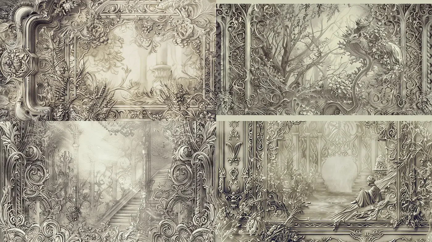 Baroque Reverie: Monochromatic Dreamscapes of Ornate Tranquility - Midjourney sref style