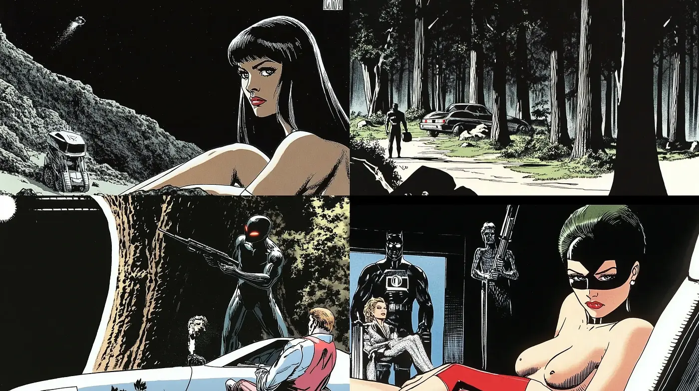 Noir-Inspired Graphic Novel Aesthetics with a Consistent Monochrome Essence - Midjourney sref style