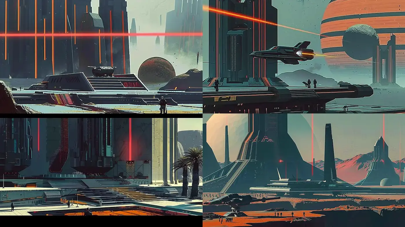 Futuristic landscapes with a blend of retro aesthetics and sci-fi elements - Midjourney sref style