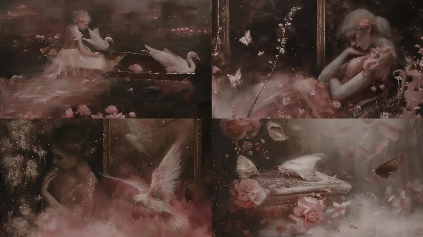Ethereal Dreamscape in Rose and Obsidian Hues - Midjourney sref style