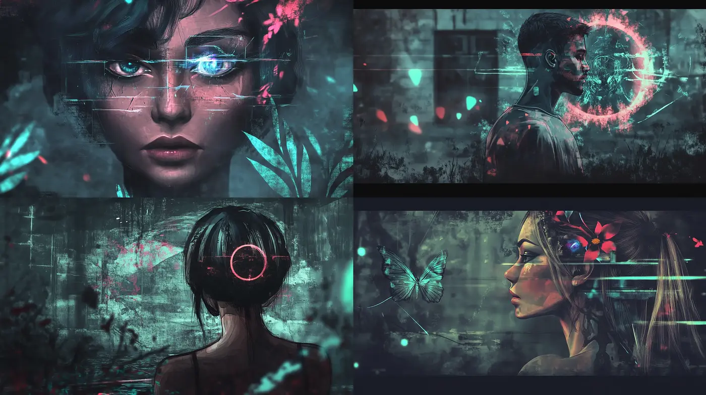 Cybernetic Dreams: A Digital Tapestry of Neon and Shadow - Midjourney sref style