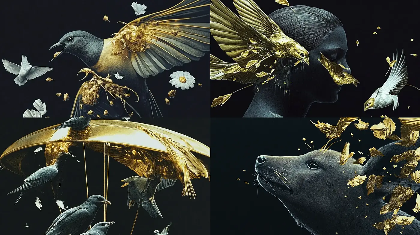 Ethereal Gold-Accented Noir Visions - Midjourney sref style