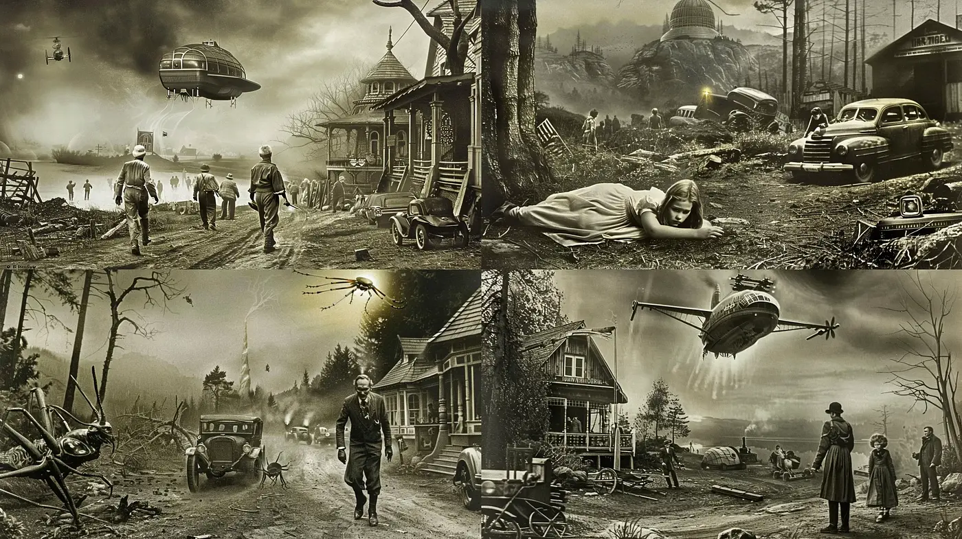 Sepia-Toned Dystopian Vignettes with Retrofuturistic Elements - Midjourney sref style