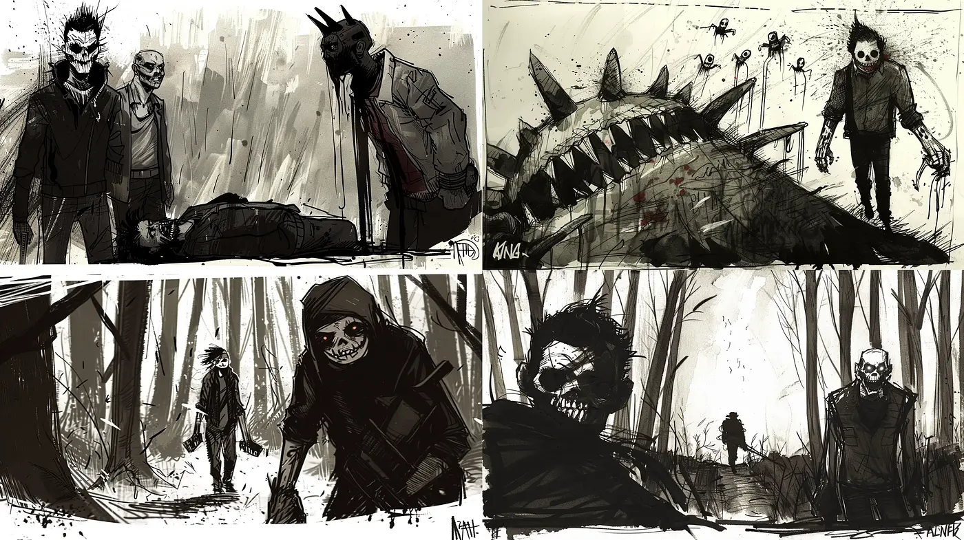 Dark Monochromatic Sketches Evoking Gruesome Fantasy - Midjourney sref style