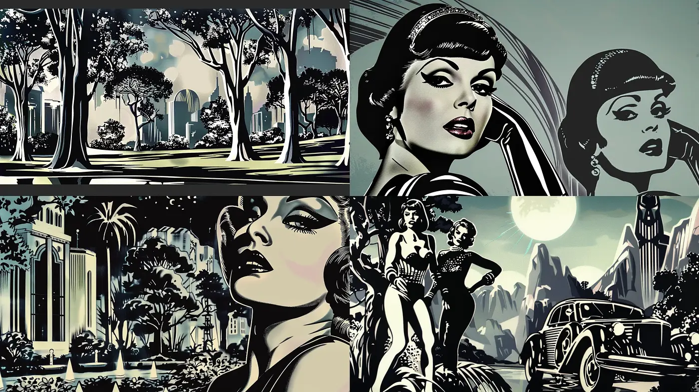 Noir-Inspired Vintage Graphic Illustrations with a Cinematic Essence - Midjourney sref style