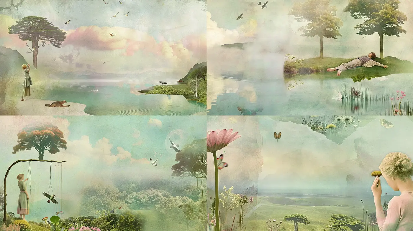 Dreamy Pastoral Symphony: A Serene Blend of Ethereal Nature and Surrealism - Midjourney sref style