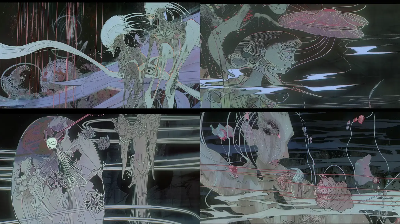 Ethereal Cybernetic Elegance in Streaked Midnight Hues - Midjourney sref style