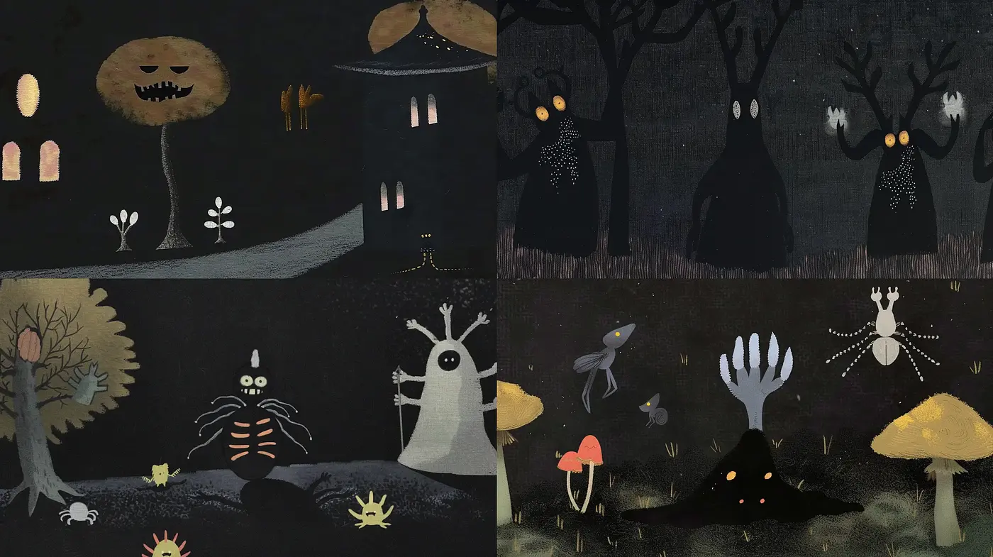Whimsical Nocturnal Woodland: A Fusion of Storybook Fantasy and Textured Shadows - Midjourney sref style
