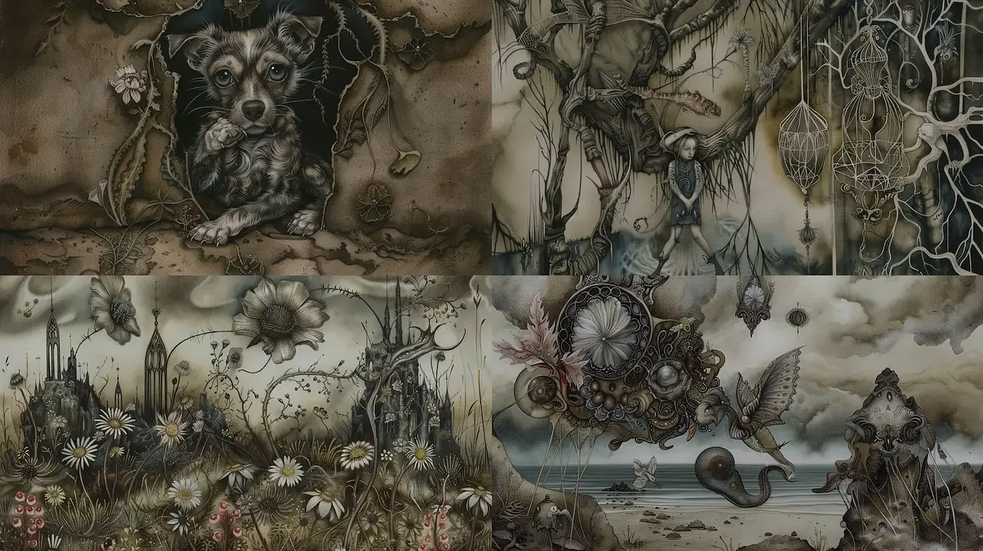 Surrealistic Dark Fantasy with a Whimsical Touch - Midjourney sref style