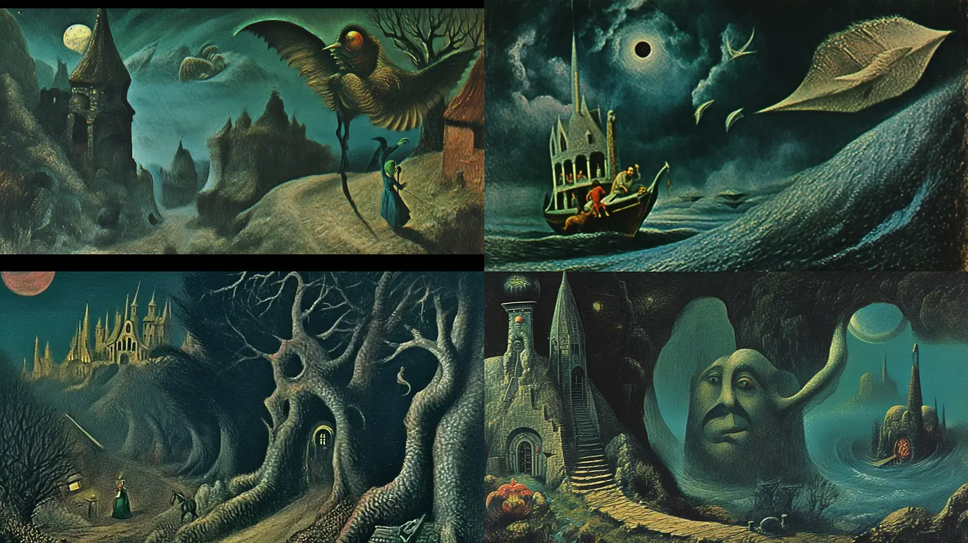 Surreal Shadows and Sepia Tones: A Homage to Mysterious Realms and Nostalgic Narratives - Midjourney sref style