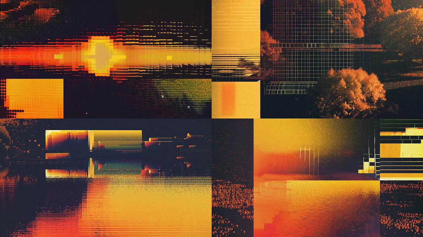 Divergent Horizon: A Glitch Art Exploration in Warm Tones and Digital Textures - Midjourney sref style