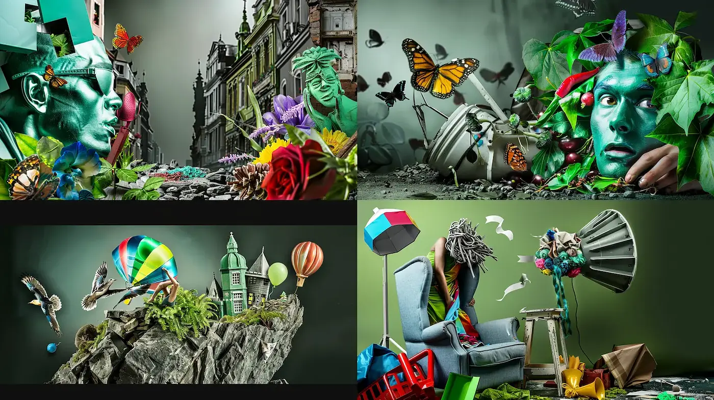 Eclectic and vibrant mixed media surrealism with nature motifs - Midjourney sref style