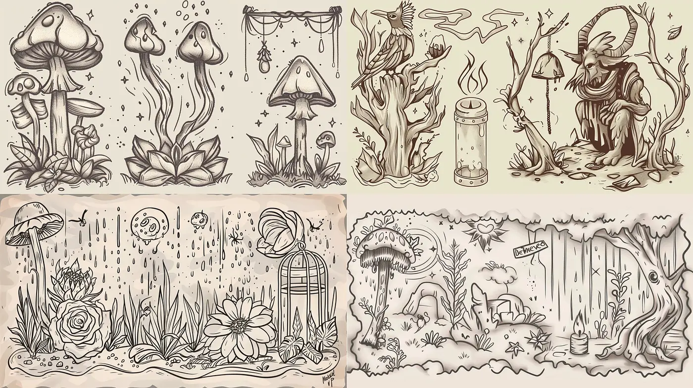 Monochromatic Enchanted Forest Whimsy - Midjourney sref style